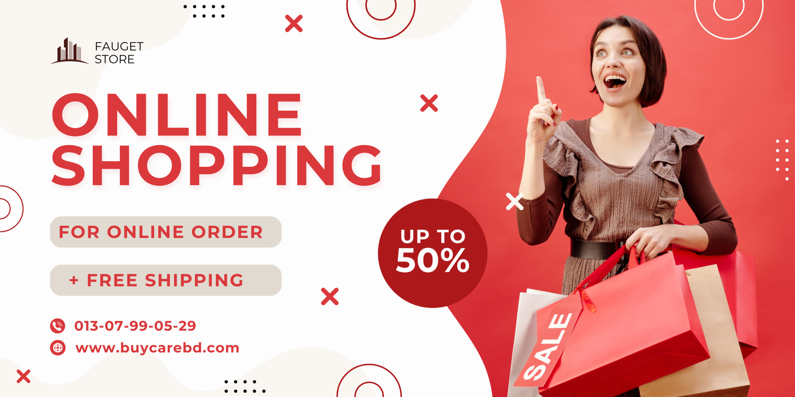 Red and White Modern Online Sale and Discount Banner